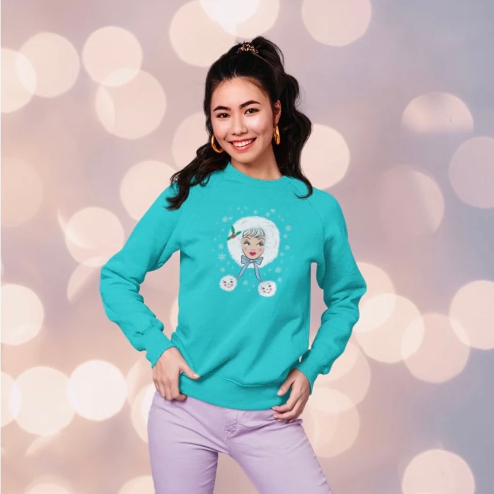 Turquoise Blue Christmas Holiday Festive Snow Lady Pinup Retro Sweatshirt Large